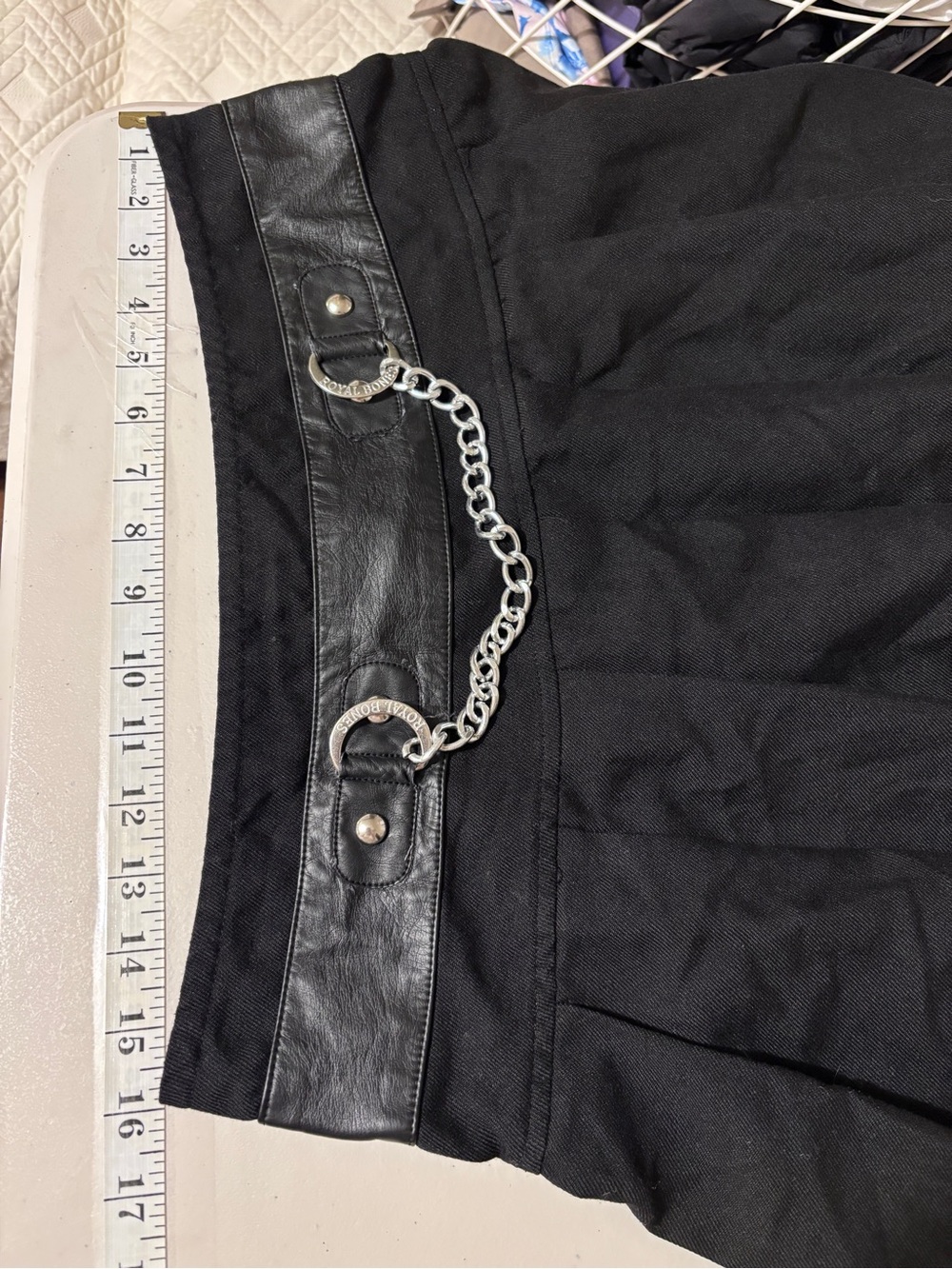 Royal Bones Y2K Emo Mini Skirt Size Large Black Pleated Chain Faux Leather Logo - Picture 6 of 10